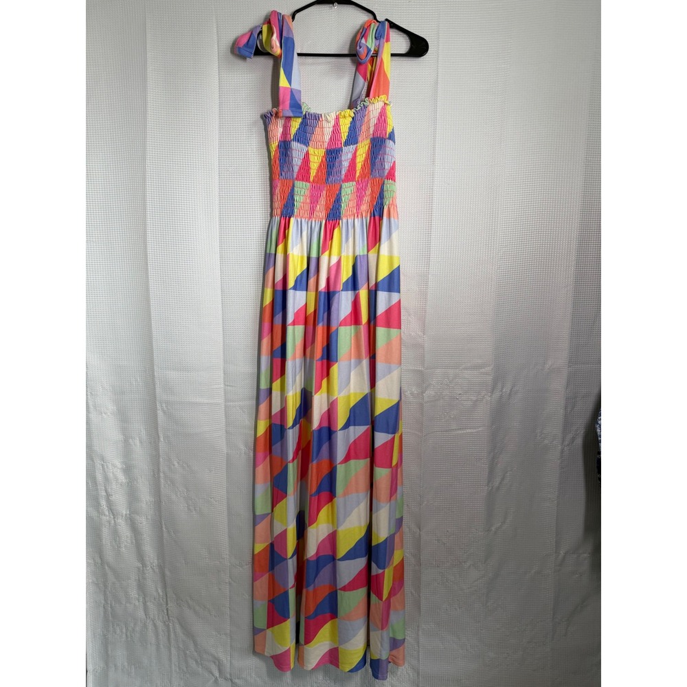 BiBi Maxi Dress Geometric Print Smocked Bodice Tie Shoulder Boho Summer L